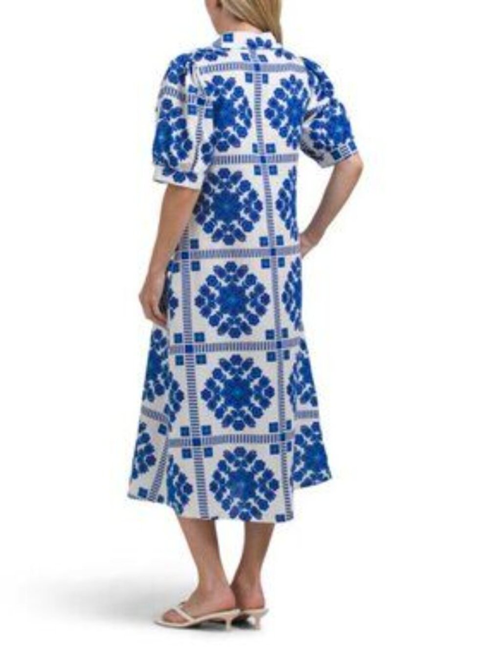 TERZO MILLENNIO Made In Italy Linen Blend Short Sleeve Tile Print Dress - Picture 2 of 4